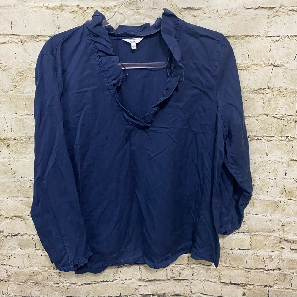 Crown & Ivy Dark Blue Ruffle V Neck 3/4 Sleeve Top